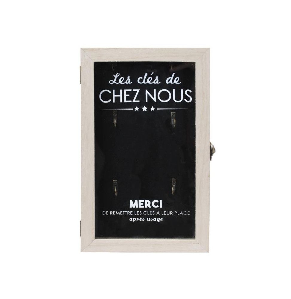 Boîte à clés en bois avec imprimé "chez nous" - 6 supports - Noir et Beige