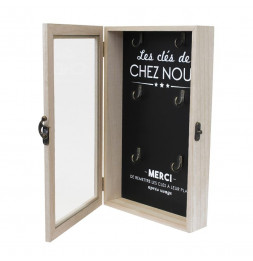 Boîte à clés en bois avec imprimé "chez nous" - 6 supports - Noir et Beige