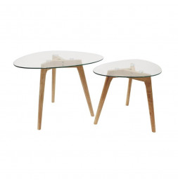 Set de 2 tables gigognes en verre trempé en forme de galet - L 60 x l 45 x H 43 cm - Beige