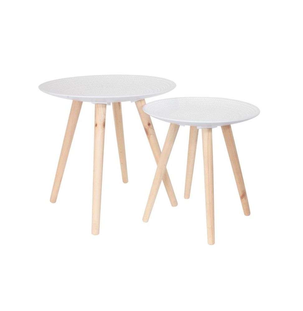 Set de 2 tables gigognes plateau rond motif gouttelette - L 49,5 x l 49,5 x H 49,5 cm - Blanc