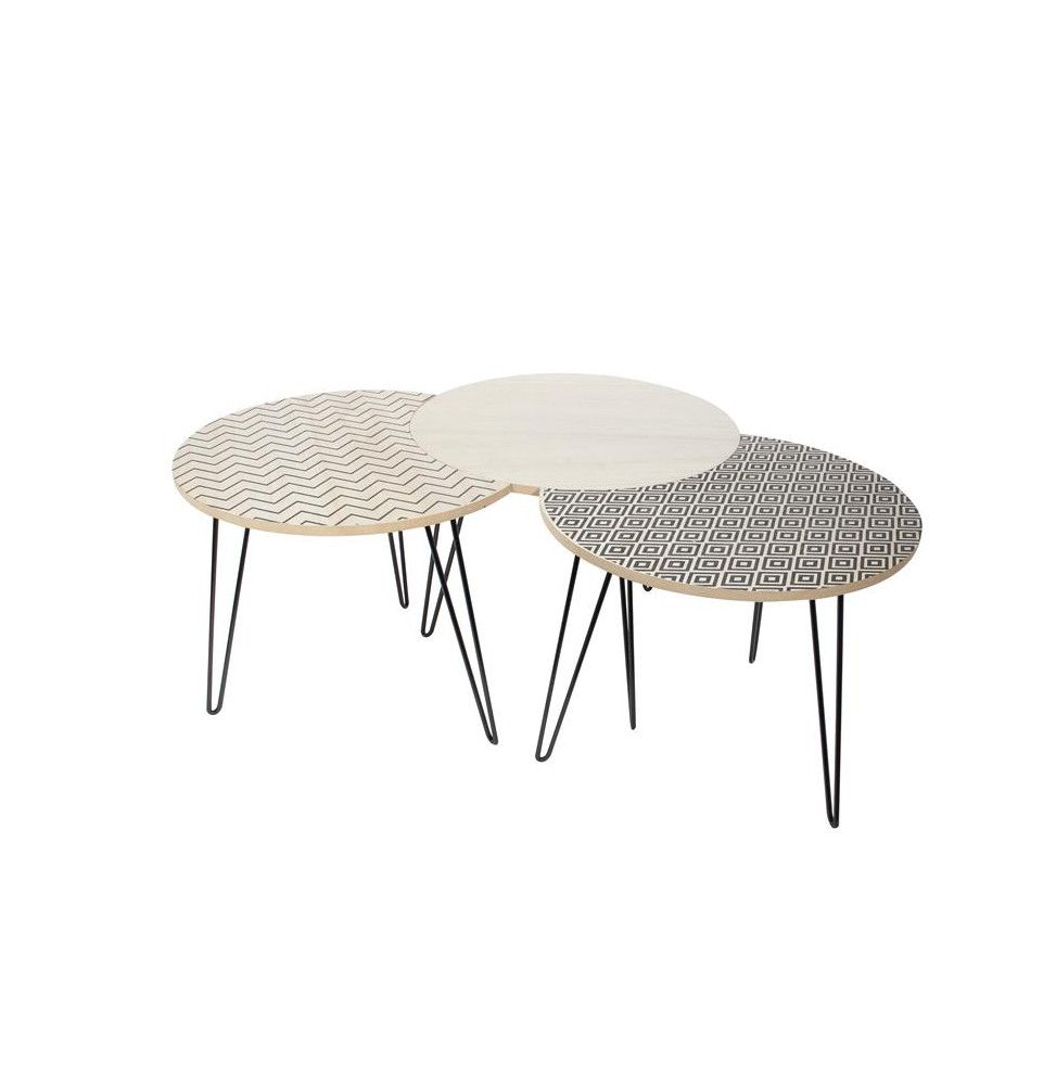 Set de 3 tables gigognes motif losange et zigzag - L 45 x l 45 x H 36 cm - Beige et Noir