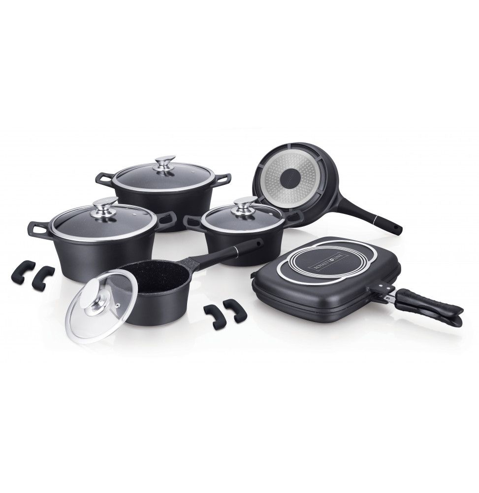 Set de 4 casseroles et  poêle et 1 grill à panini avec revêtement en marbre - Tailles différentes - Noir