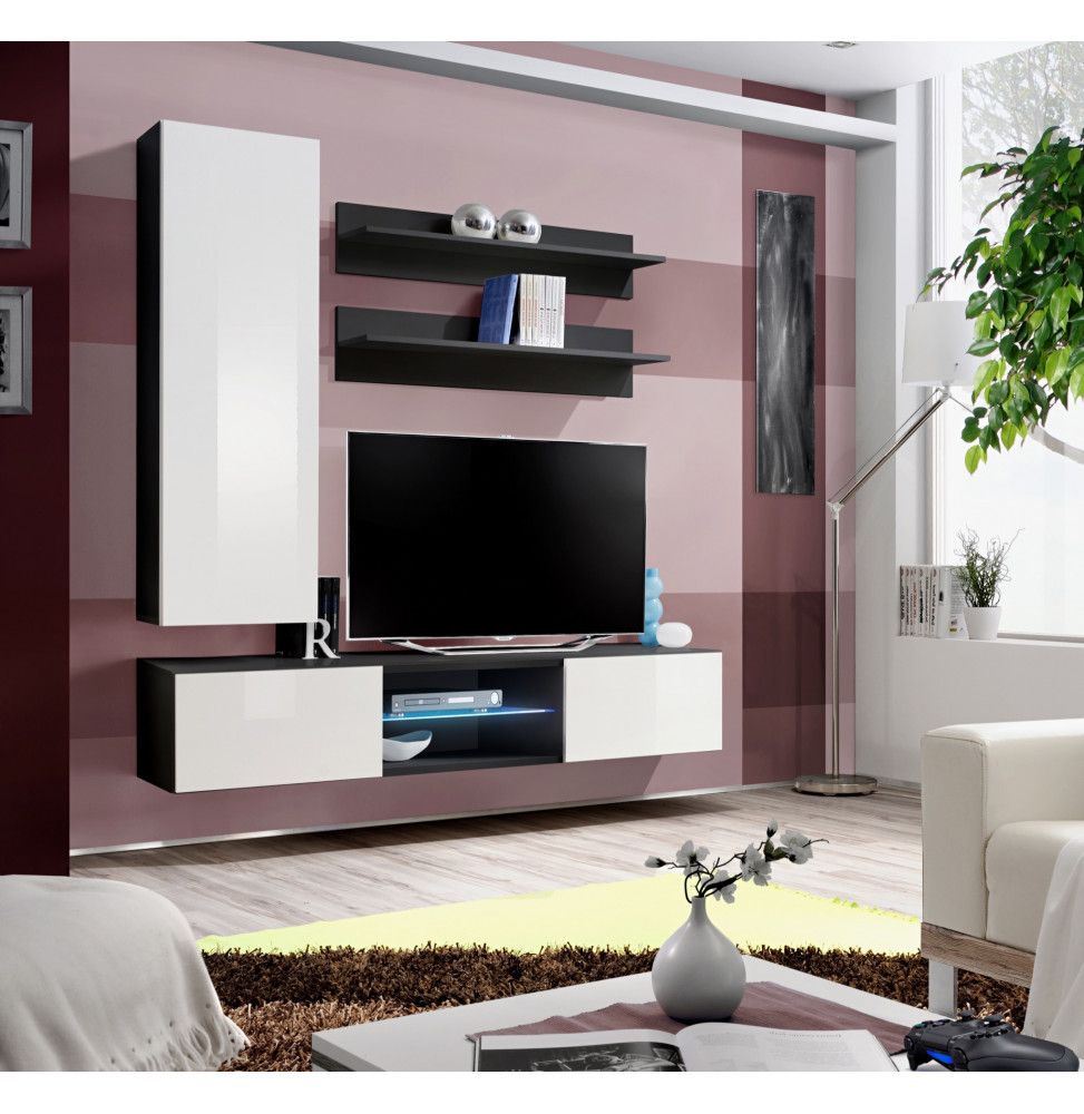 Ensemble TV mural - Fly S1 - 160 x 40 x 190 cm - Blanc et blanc