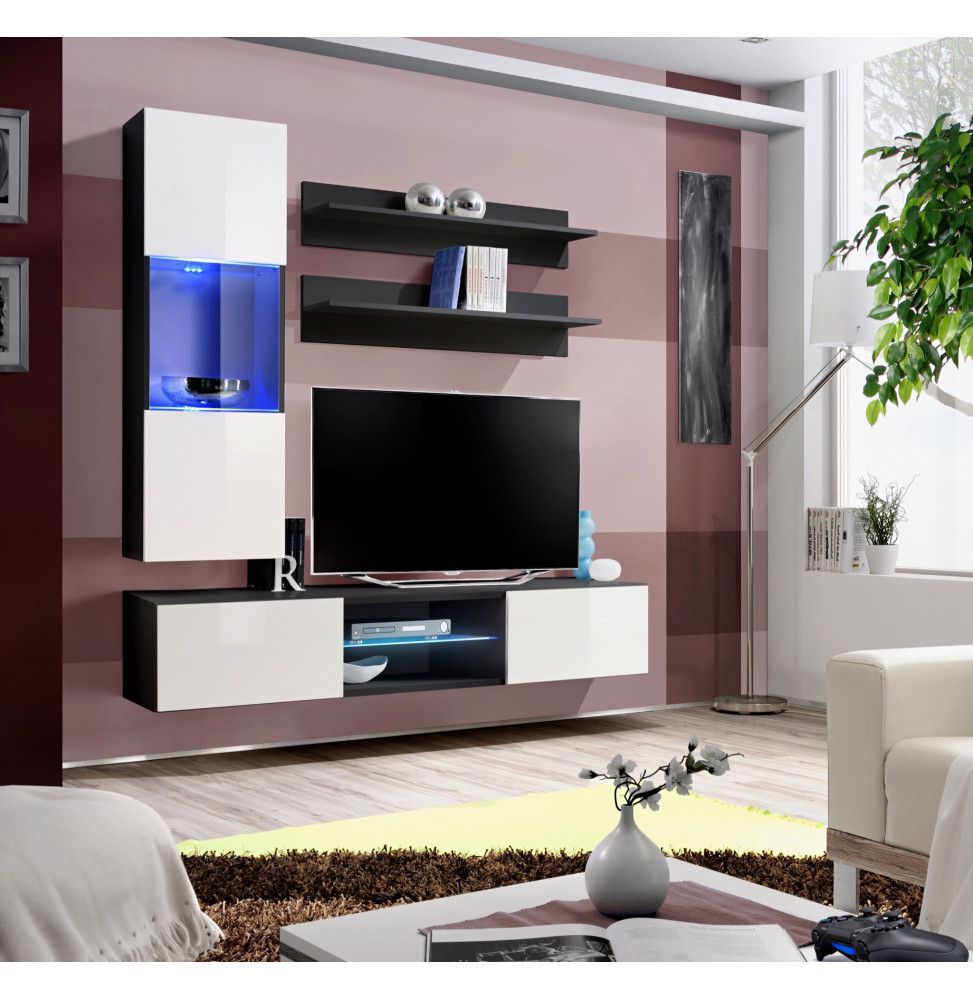 Ensemble TV mural - Fly S3 - 160 x 40 x 190 cm - Blanc et blanc