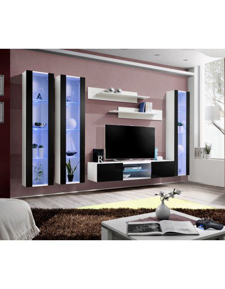 Ensemble TV mural - FLY P2 - 310 x 40 x 190 cm - Noir et blanc