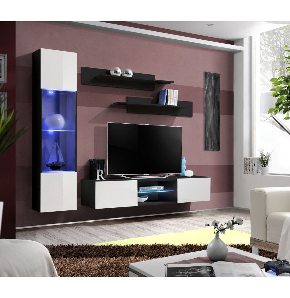 Ensemble TV mural - FLY R3 - 210 x 40 x 190 cm - Blanc et noir