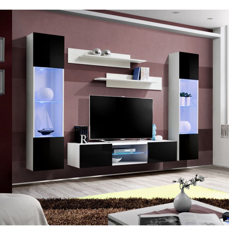 Ensemble meuble TV mural - FLY O3 - 260 x 40 x 190 cm - Noir et blanc