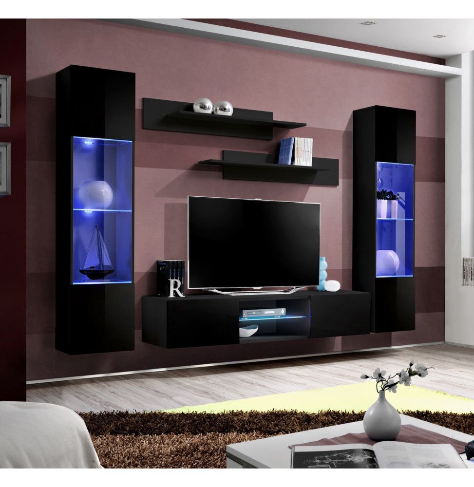 Ensemble meuble TV mural - FLY O3 - 260 x 40 x 190 cm - Noir