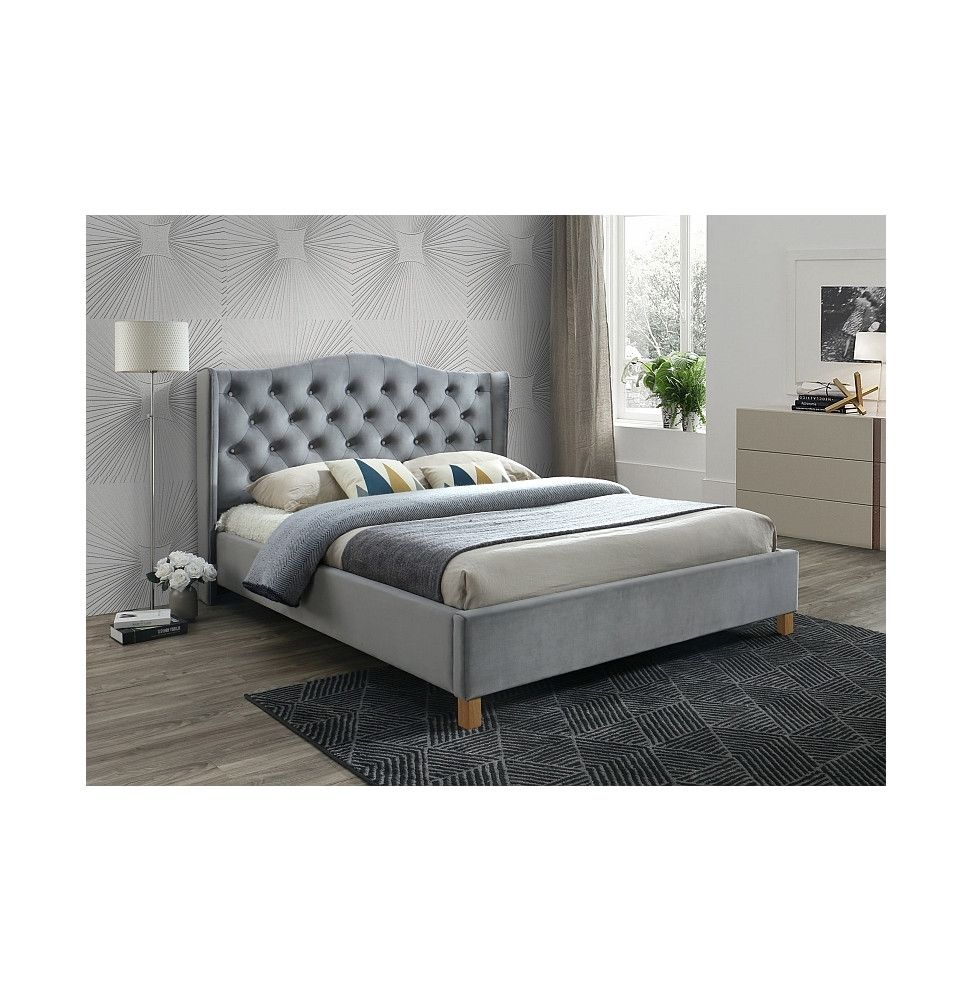 Lit double en tissu de velours - Aspen - Pour matelas 160 x 200 cm - Gris