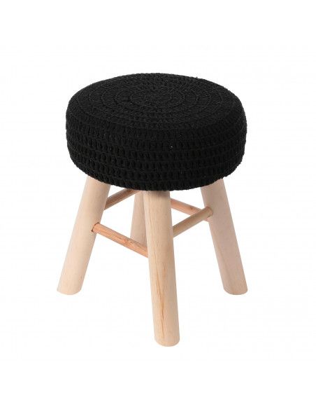 Tabouret rond tressé avec pieds en bois - Noir