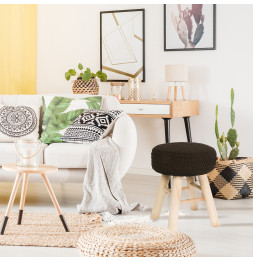 Tabouret rond tressé avec pieds en bois - Noir