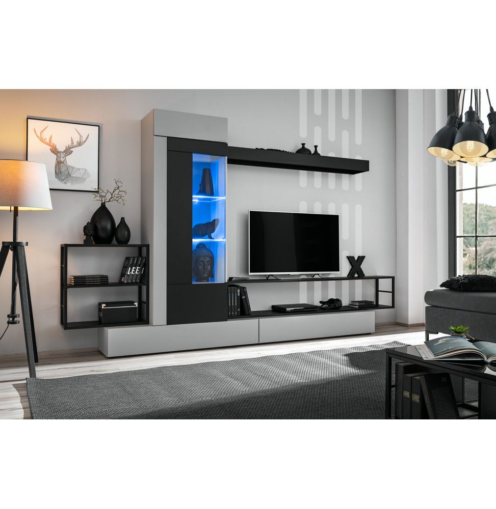 Ensemble meuble TV mural Rebel - L 300 x P 35 x 180 cm - Noir et gris