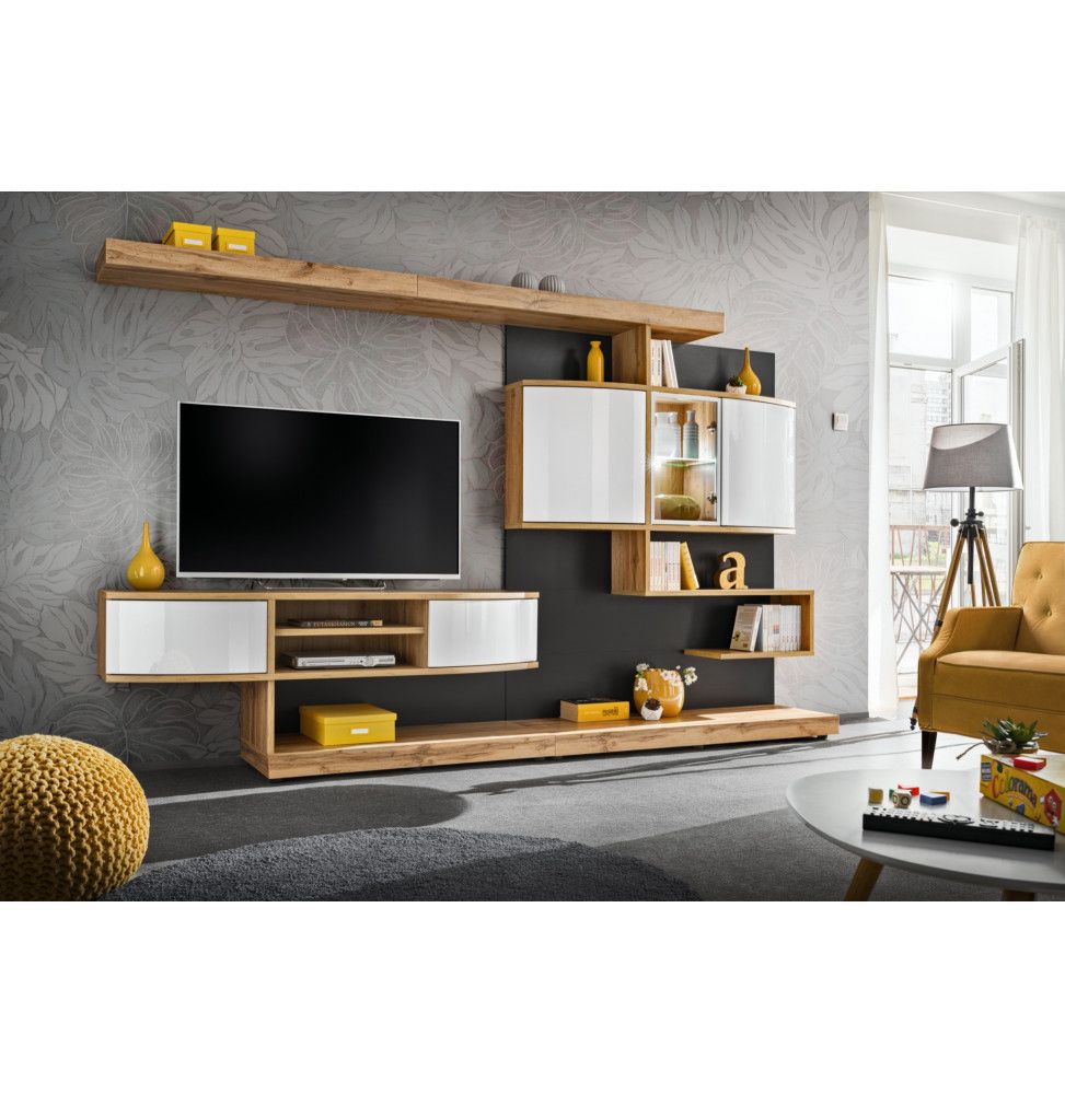 Ensemble meuble TV mural Palermo - L 300 x P 45 x 182 cm - Beige et blanc