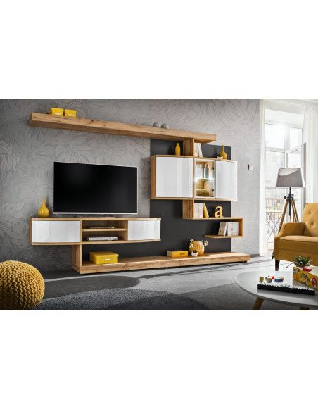 Ensemble meuble TV mural Palermo - L 300 x P 45 x 182 cm - Beige et blanc