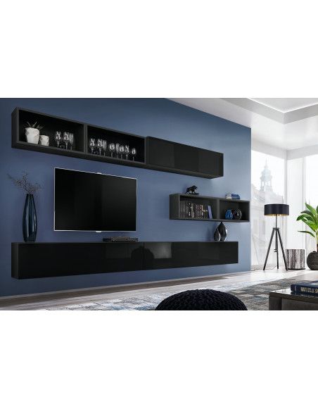 Ensemble meuble TV mural Blox XIIII - L 350 x P 32 x H 150 cm - Noir