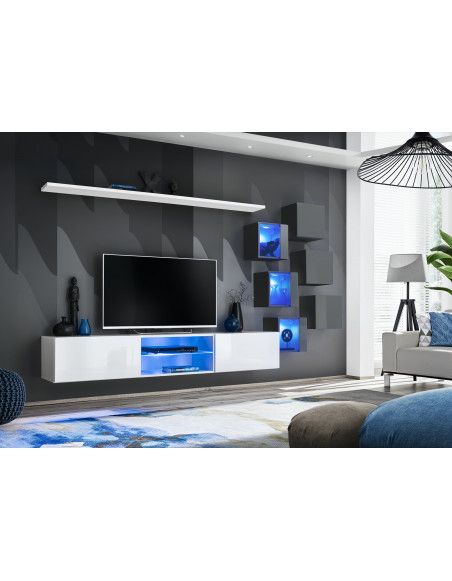 Ensemble meuble TV mural Switch XXI - L 240 x P 40 x H 120 cm - Blanc et gris