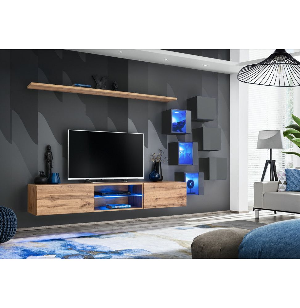 Ensemble meuble TV mural Switch XXI - L 240 x P 40 x H 120 cm - Marron et noir