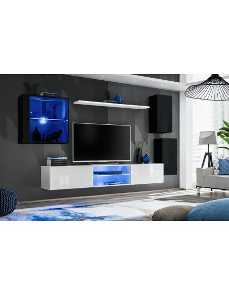 Ensemble meuble TV mural Switch XXIII - L 250 x P 40 x H 140 cm - Blanc et noir