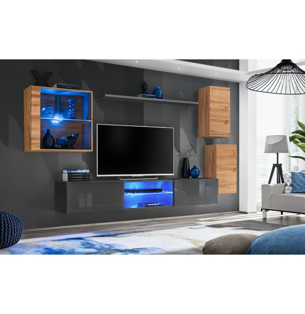 Ensemble meuble TV mural Switch XXIII - L 250 x P 40 x H 140 cm - Gris et marron