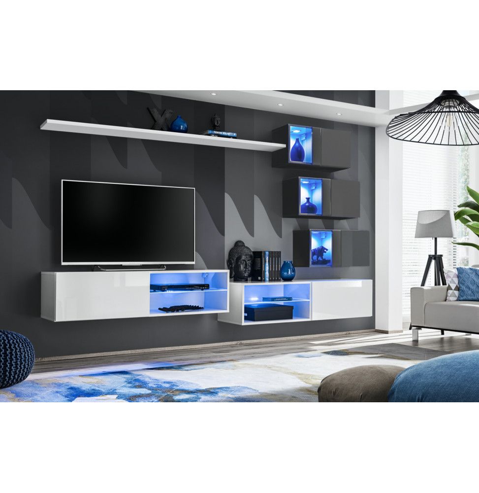 Ensemble meuble TV mural Switch XXIV - L 260 x P 40 x H 170 cm - Blanc et gris