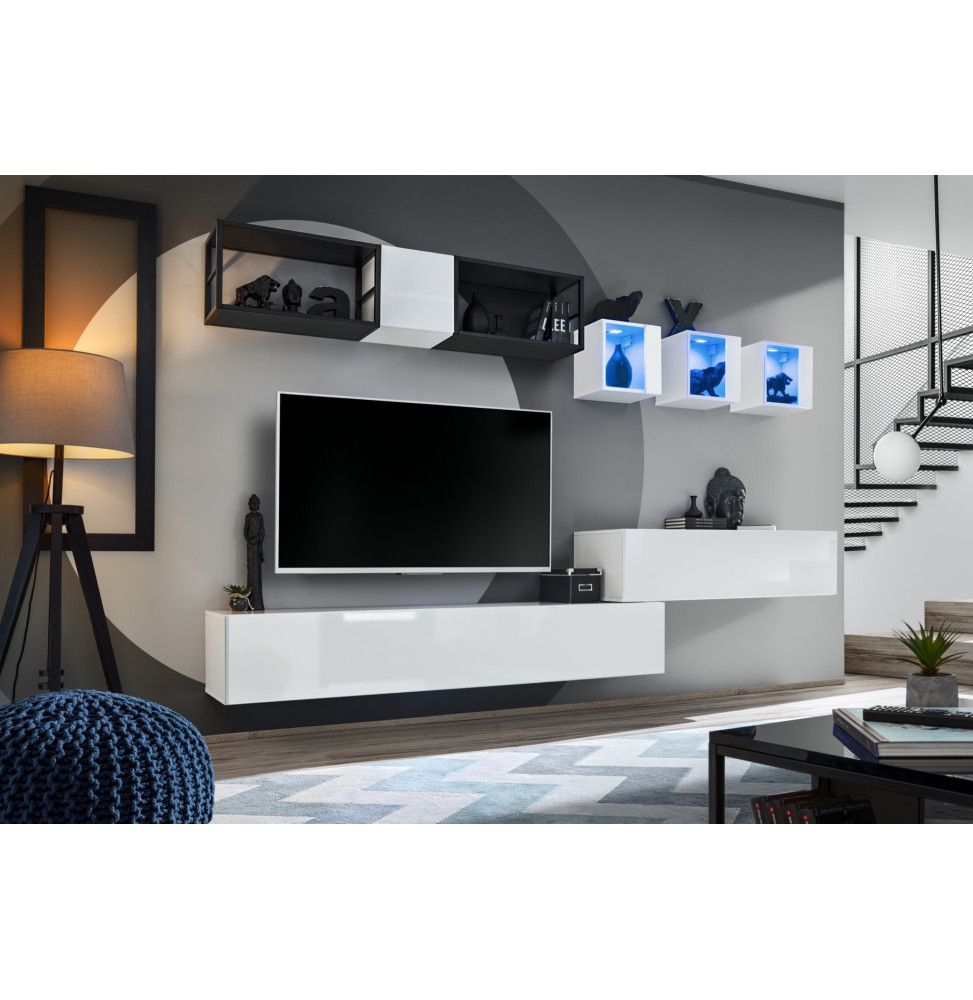 Ensemble meuble TV mural Switch Met III - L 280 x P 40 x H 170 cm - Blanc