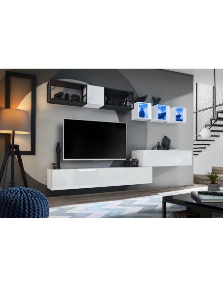 Ensemble meuble TV mural Switch Met III - L 280 x P 40 x H 170 cm - Blanc