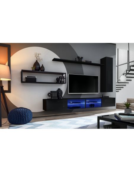 Ensemble meuble TV mural Switch Met IV - L 300 x P 40 x H 170 cm - Noir