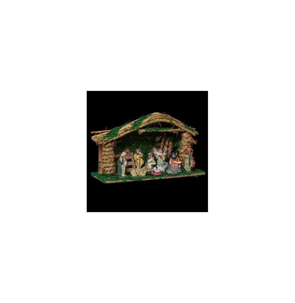 Crèche de Noël avec 9 santons - L 38 cm x l 14.5 cm - Bois