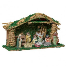 Crèche de Noël avec 9 santons - L 38 cm x l 14.5 cm - Bois