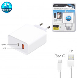 Adaptateur secteur - USB + TYPE C - L 4,5 cm x l 2,7 cm x H 9,7 cm