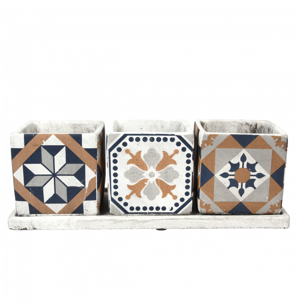 Lot de 3 pots de fleurs à carreaux portugais - L 13,3 cm x l 36,1 cm x H 12,6 cm